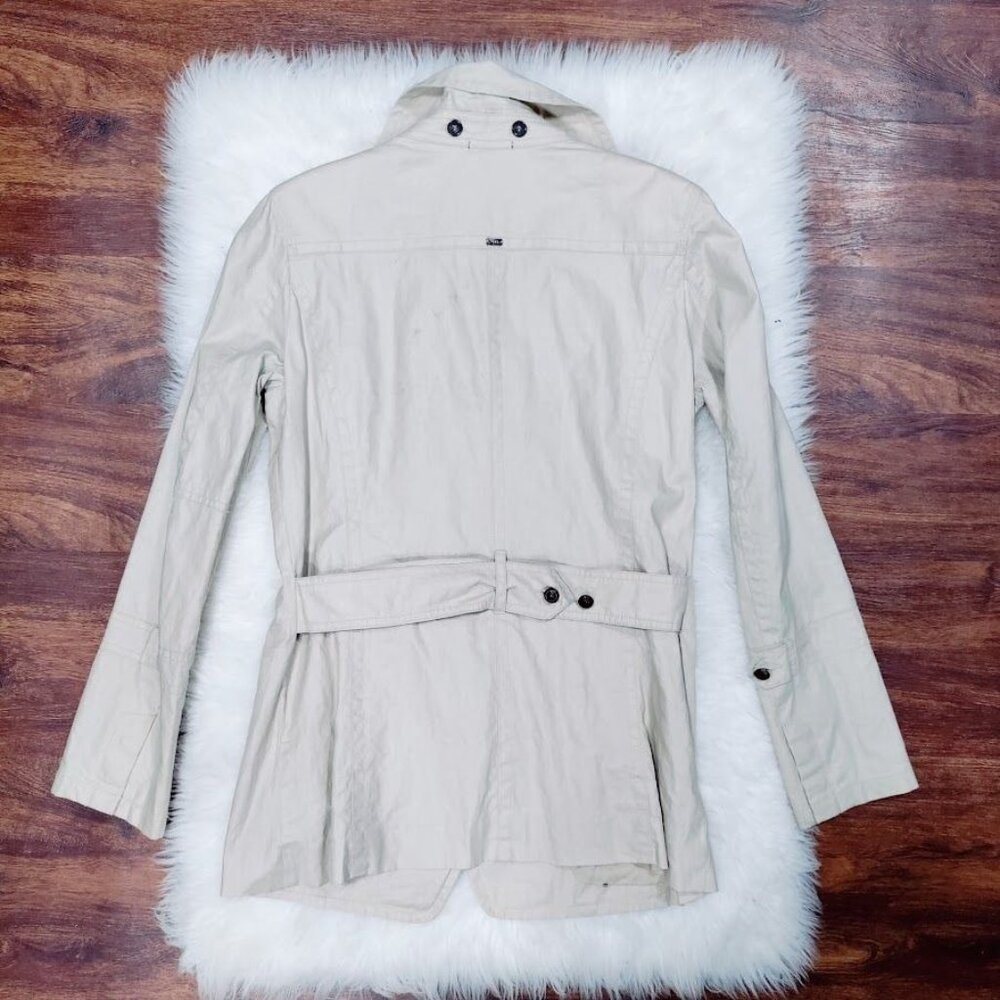 IKKS Women's Beige Laminated Linen Double-Breasted Trench Coat Size Medium - Picture 4 of 16